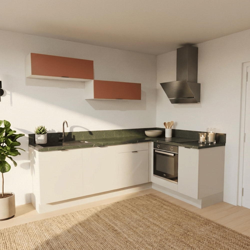 Cuisine complète en angle meubles hauts relevants Lin et Terracotta mat 280 cm - Avec Plan de travail et Crédence