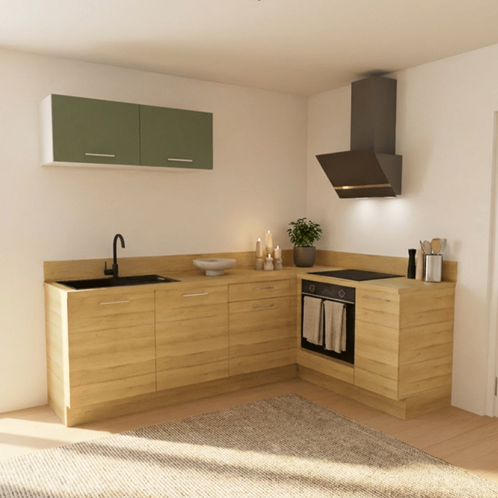 Cuisine complète en angle petits meubles hauts Bois et Vert mat 280 cm