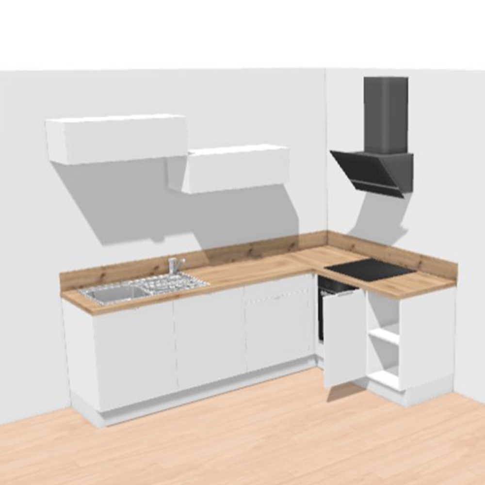 Cuisine complète en angle meubles hauts relevants Bois et Vert mat 280 cm - Avec Plan de travail et Crédence