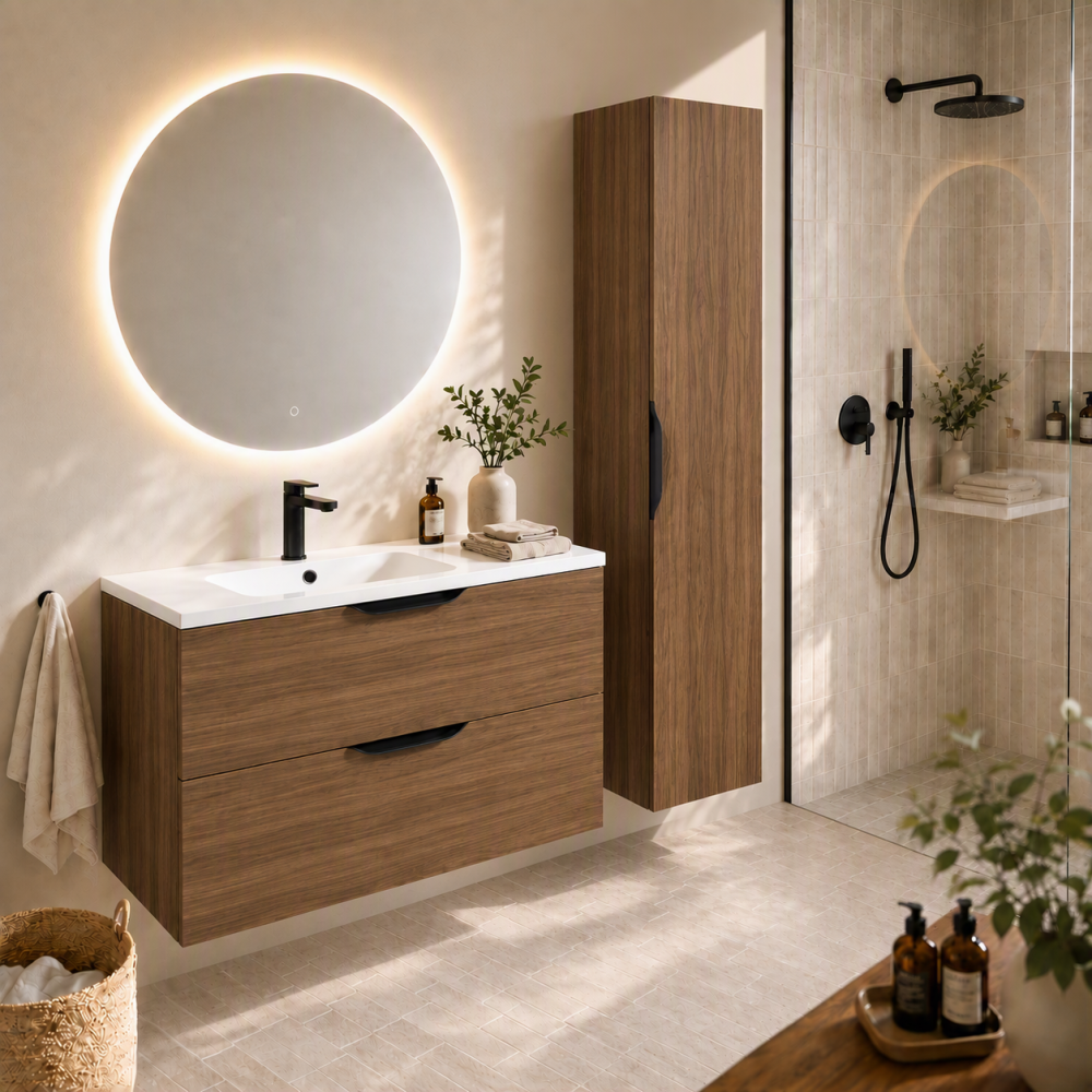 Meuble de salle de bain suspendu 100 cm 2 tiroirs avec vasque céramique - Noyer foncé - Avec colonne et miroir