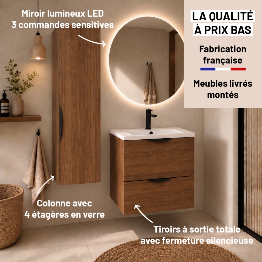 Meuble de salle de bain suspendu 60 cm 2 tiroirs avec vasque céramique - Noyer foncé