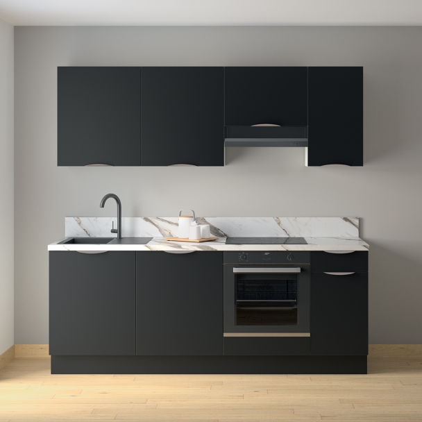 Cuisine complète Noir mat 220 cm avec meuble hotte