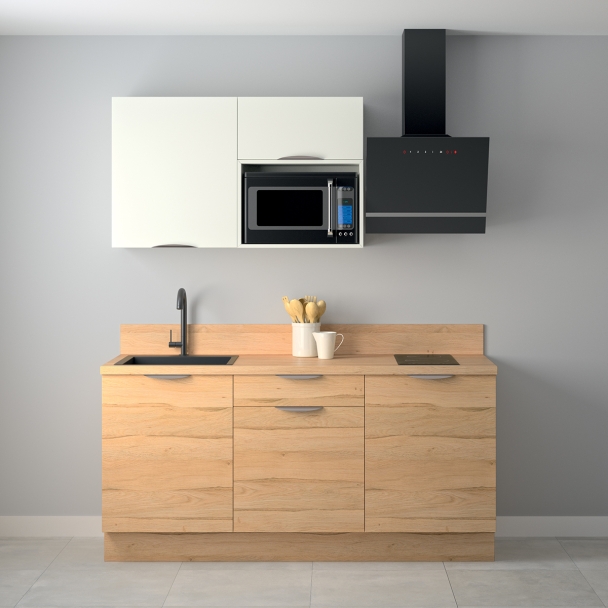 Cuisine complète Bois et Blanc mat 180 cm avec meuble micro-ondes
