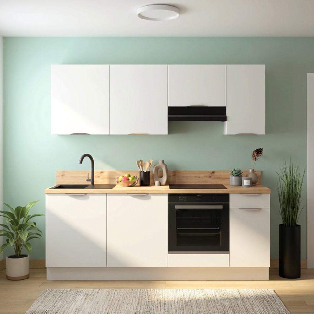 Cuisine complète Blanc mat 220 cm avec meuble hotte