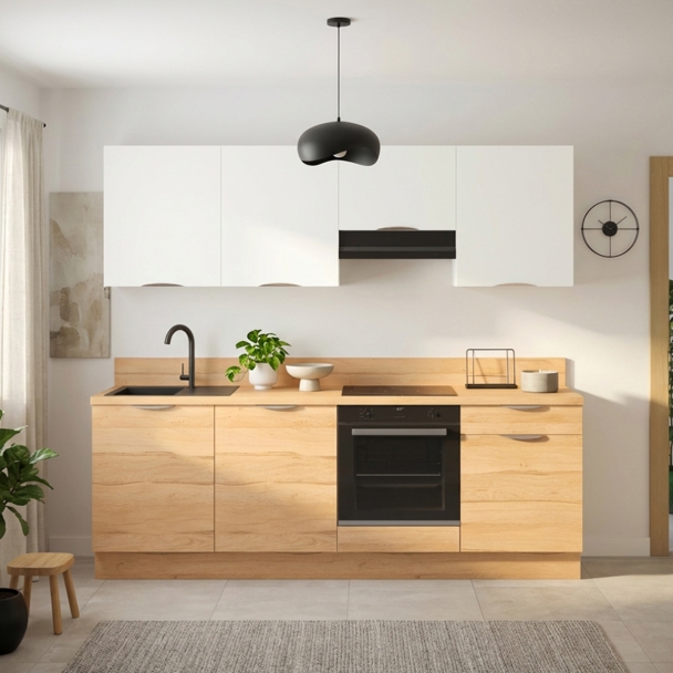 Cuisine complète Bois et Blanc mat 240 cm avec meuble hotte