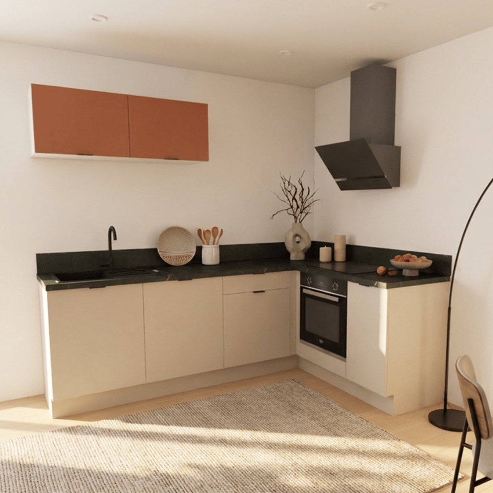 Cuisine complète en angle petits meubles hauts Lin et Terracotta mat 280 cm
