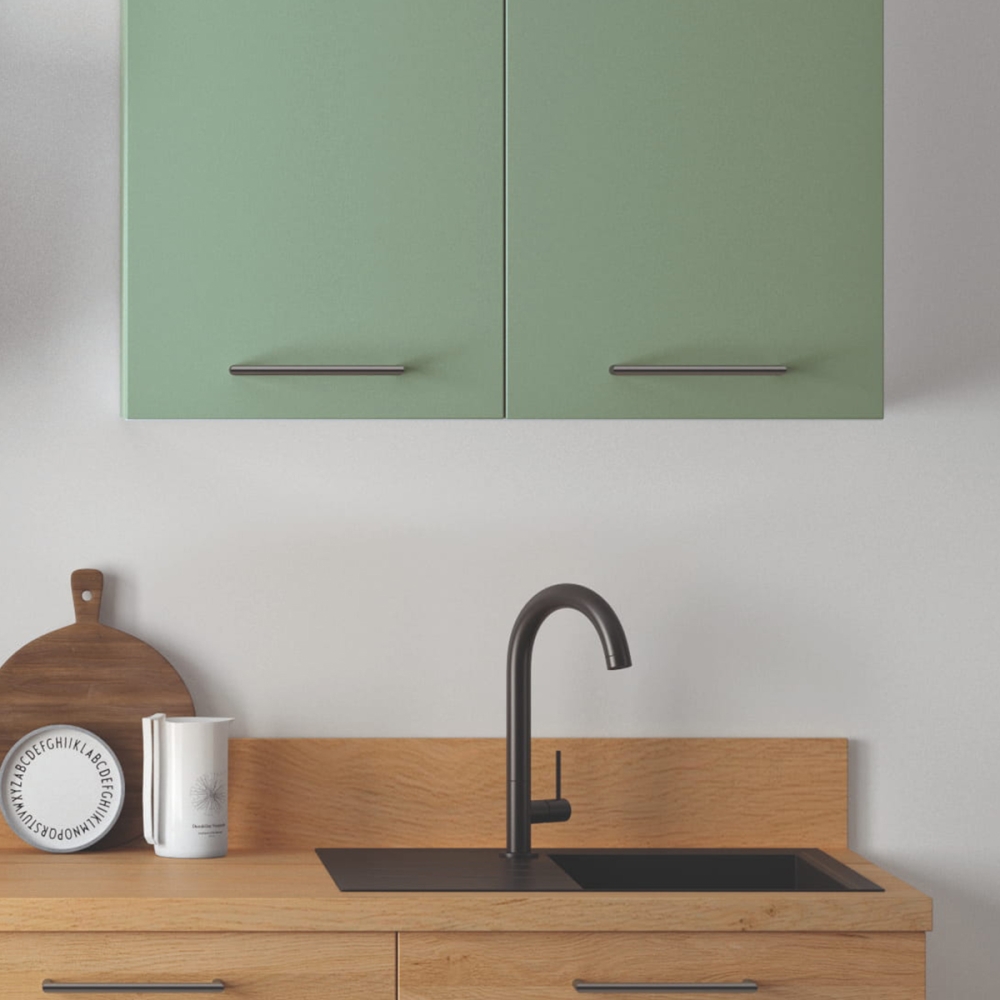 Cuisine complète Bois et Vert mat 240 cm avec meuble colonne