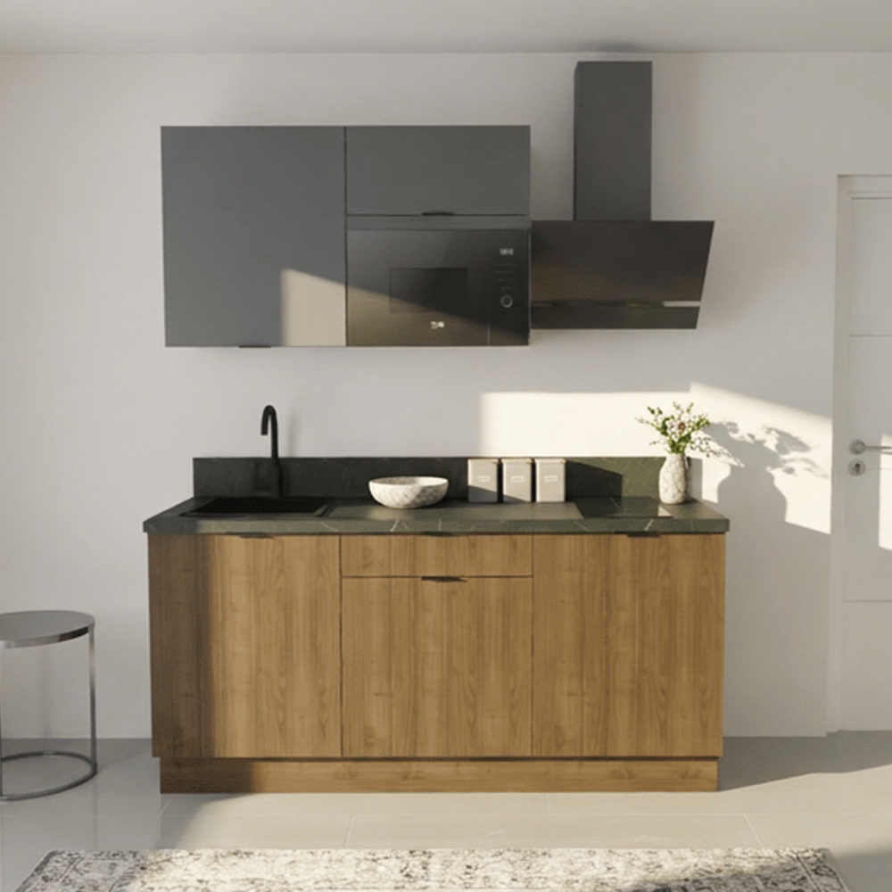 Cuisine complète Noyer et Gris mat 180 cm avec meuble micro-ondes