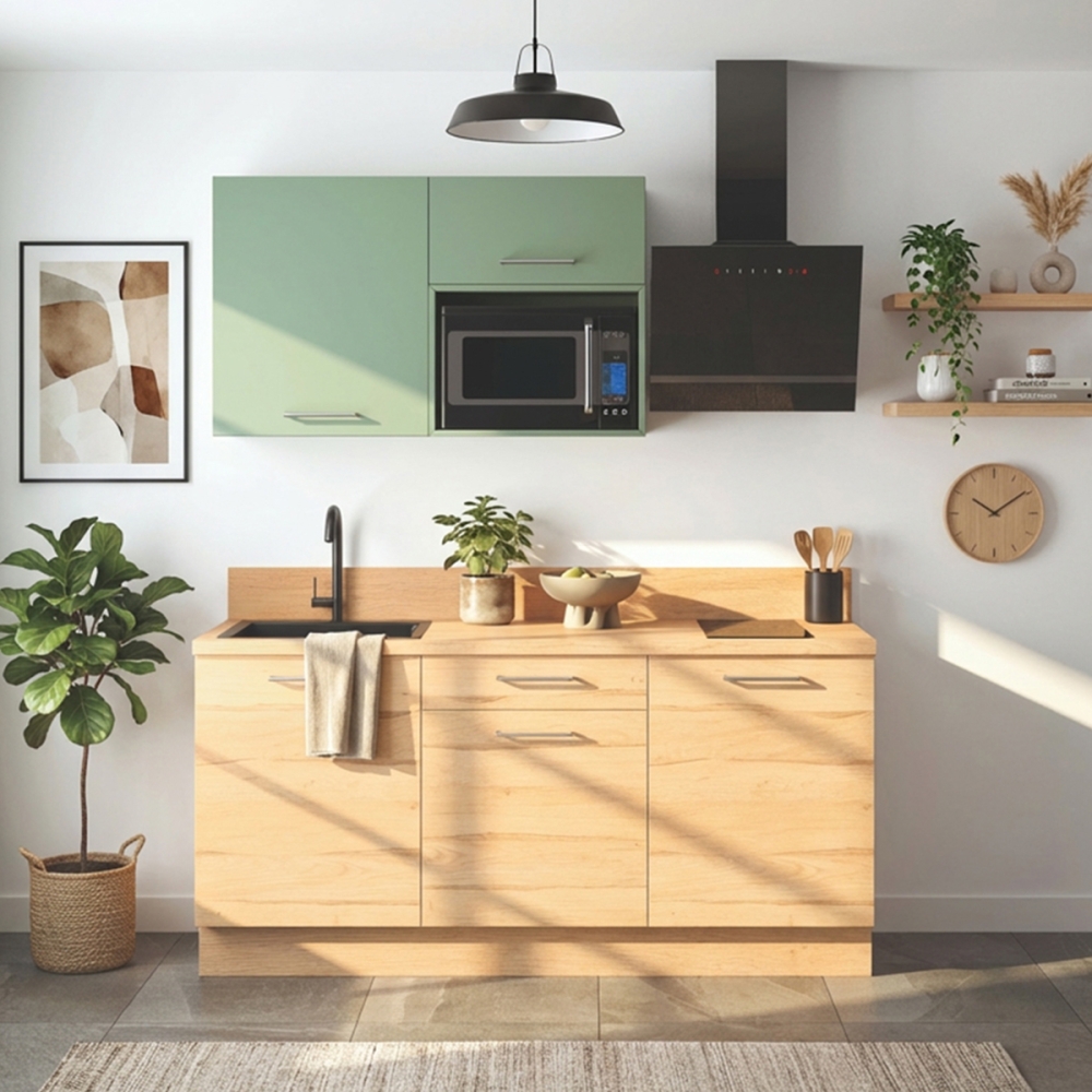 Cuisine complète Bois et Vert mat 180 cm avec meuble micro-ondes - Avec Plan de travail
