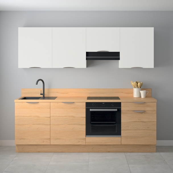 Cuisine complète Bois et Blanc mat 240 cm avec meuble hotte