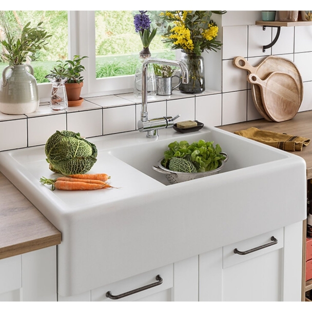 Evier timbre d'office en synthèse quartz blanc moucheté 90 cm
