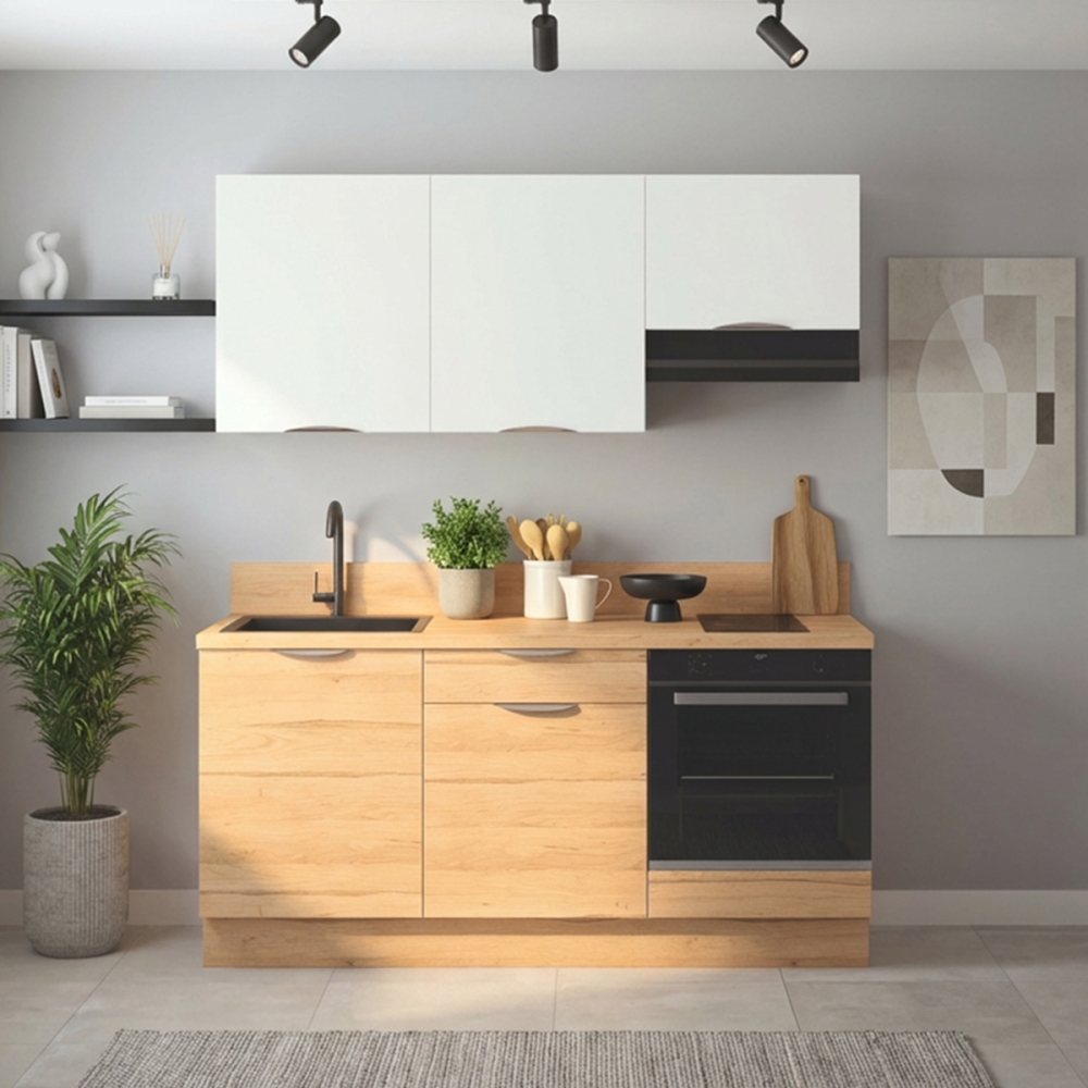 Cuisine complète Bois et Blanc mat 180 cm avec meuble four - Avec Plan de travail