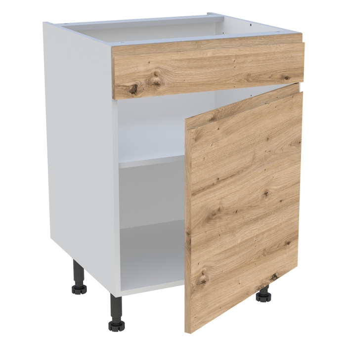 Meuble bas cuisine 1 porte, 1 faux tiroir H. 87 cm x L. 60 cm - Chêne naturel sans poignée