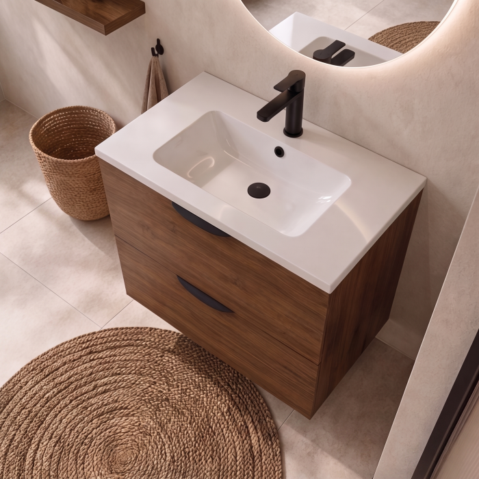 Meuble de salle de bain suspendu 60 cm 2 tiroirs avec vasque céramique - Noyer foncé - Avec miroir