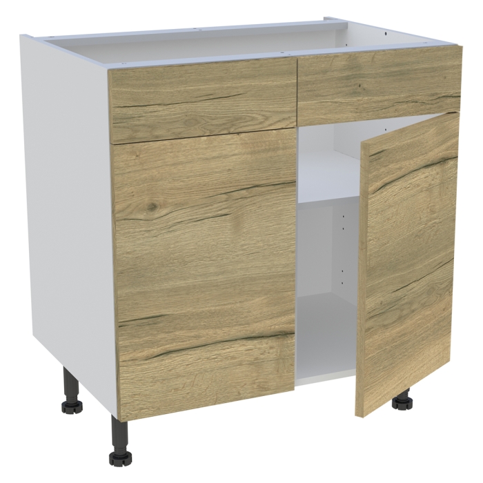 Meuble bas cuisine 2 portes, 2 faux tiroirs H. 87 cm x L. 80 cm - Chêne structuré