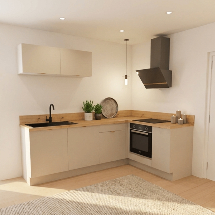 Cuisine complète en angle petits meubles hauts Lin mat 280 cm - Avec Plan de travail