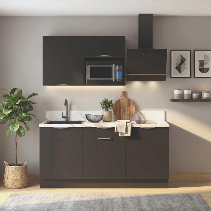 Cuisine complète Noir mat 180cm avec meuble micro-ondes - Avec Plan de travail et Crédence
