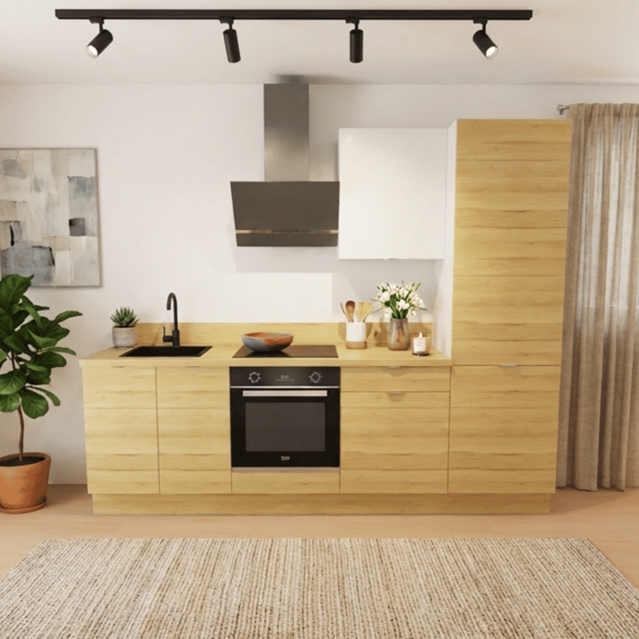 Cuisine complète Bois et Blanc mat 260 cm avec meuble colonne - Avec Plan de travail et Crédence