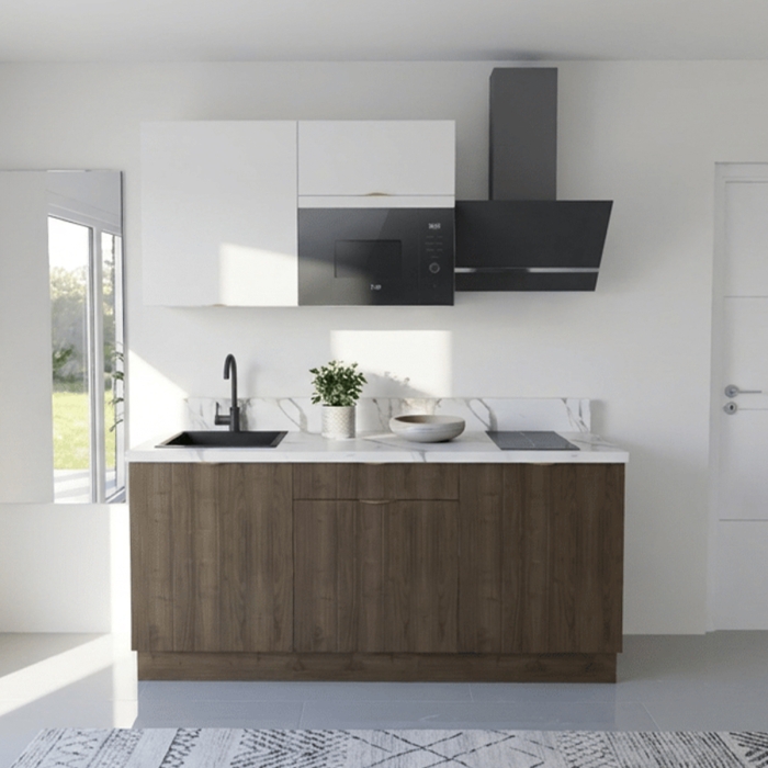 Cuisine complète Noyer et Blanc mat 180 cm avec meuble micro-ondes - Avec Plan de travail