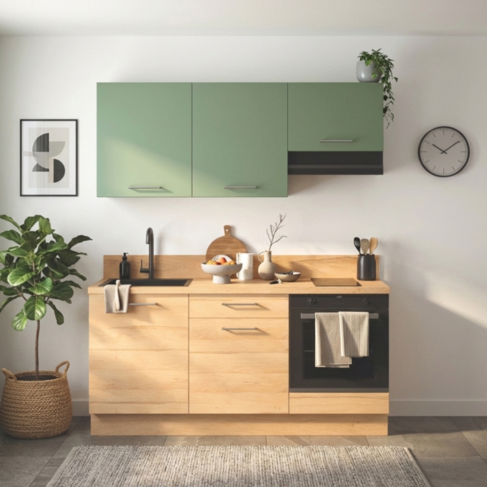 Cuisine complète Bois et Vert mat 180 cm avec meuble four - Avec Plan de travail