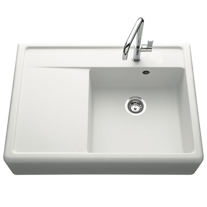 Evier timbre d'office en synthèse quartz blanc moucheté 90 cm