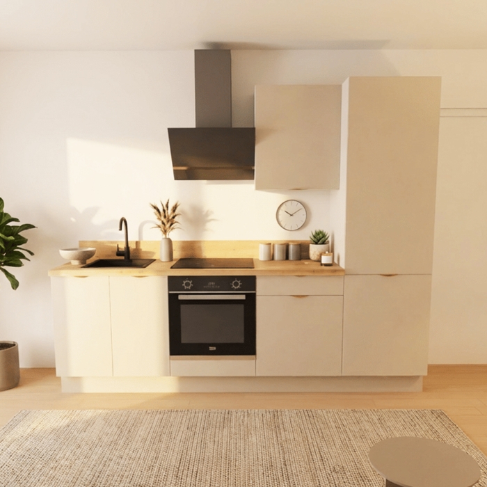 Cuisine complète Lin mat 260 cm avec meuble colonne - Avec Plan de travail et Crédence