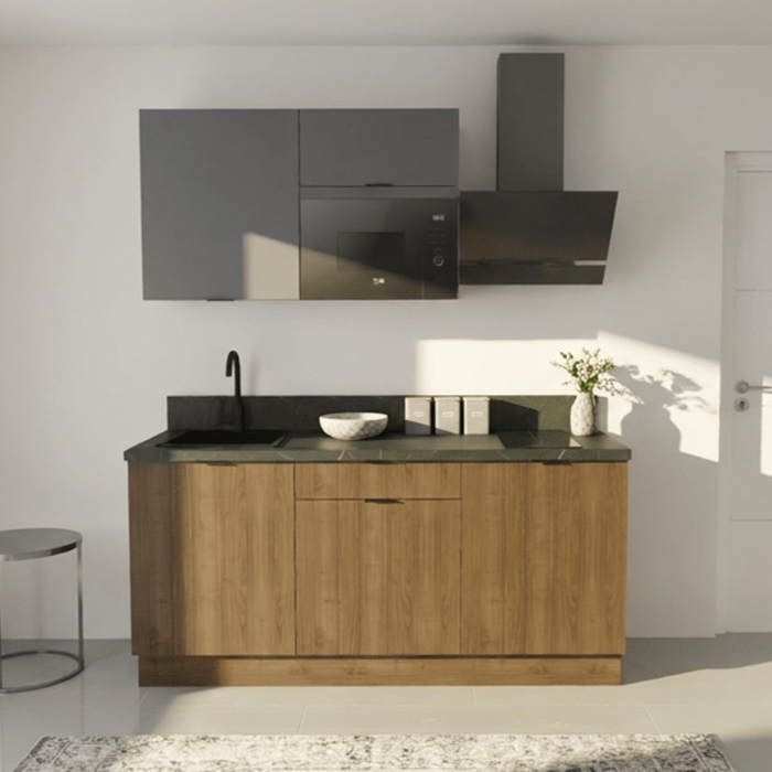 Cuisine complète Noyer et Gris mat 180 cm avec meuble micro-ondes