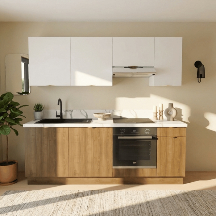Cuisine complète Noyer et Blanc mat 220 cm avec meuble hotte - Avec Plan de travail