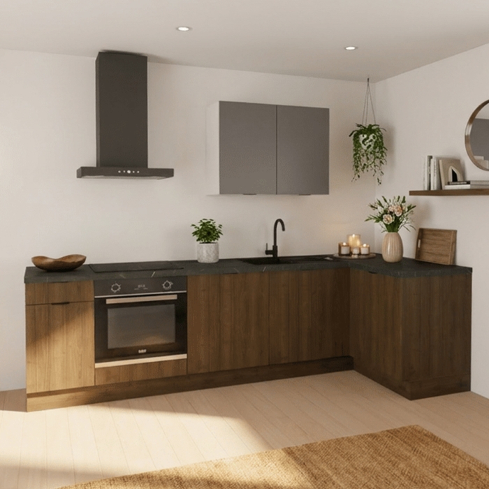 Cuisine complète en angle Noyer et Gris mat 280 cm 