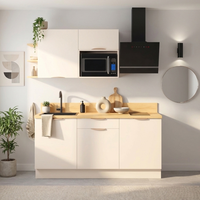 Cuisine complète Lin mat 180 cm avec meuble micro-ondes - Avec Plan de travail