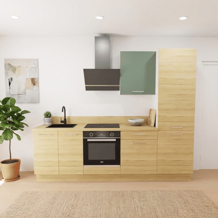 Cuisine complète Bois et Vert mat 260 cm avec meuble colonne