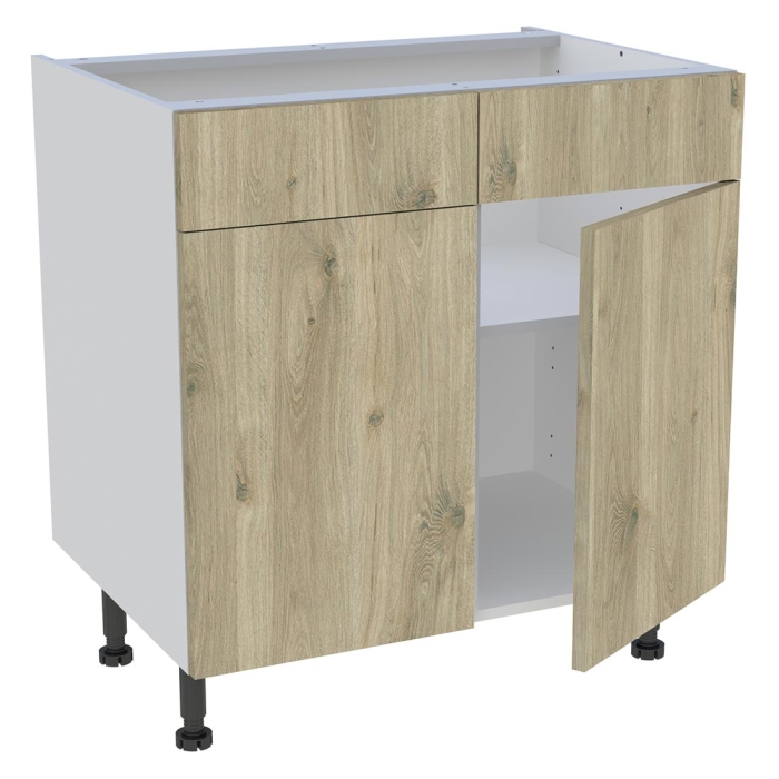 Meuble bas cuisine 2 portes, 2 faux tiroirs H. 87 cm x L. 80 cm - Chêne doré