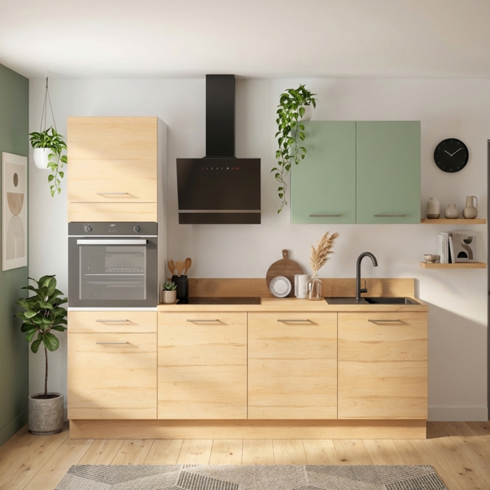 Cuisine complète Bois et Vert mat 240 cm avec meuble colonne - Avec Plan de travail