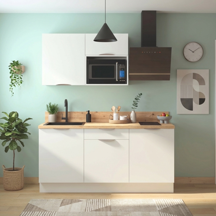 Cuisine complète Blanc mat 180 cm avec meuble micro-ondes - Avec Plan de travail
