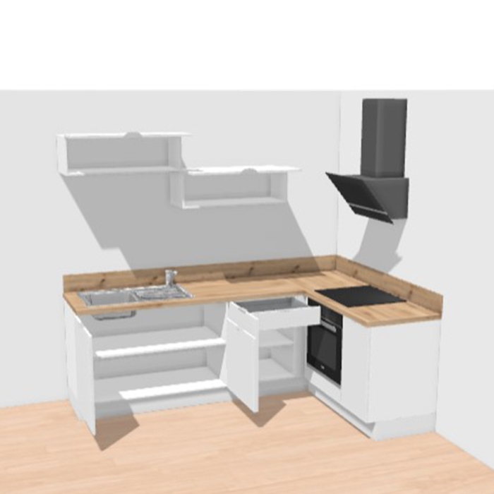 Cuisine complète en angle meubles hauts relevants Bois et Vert mat 280 cm - Avec Plan de travail et Crédence