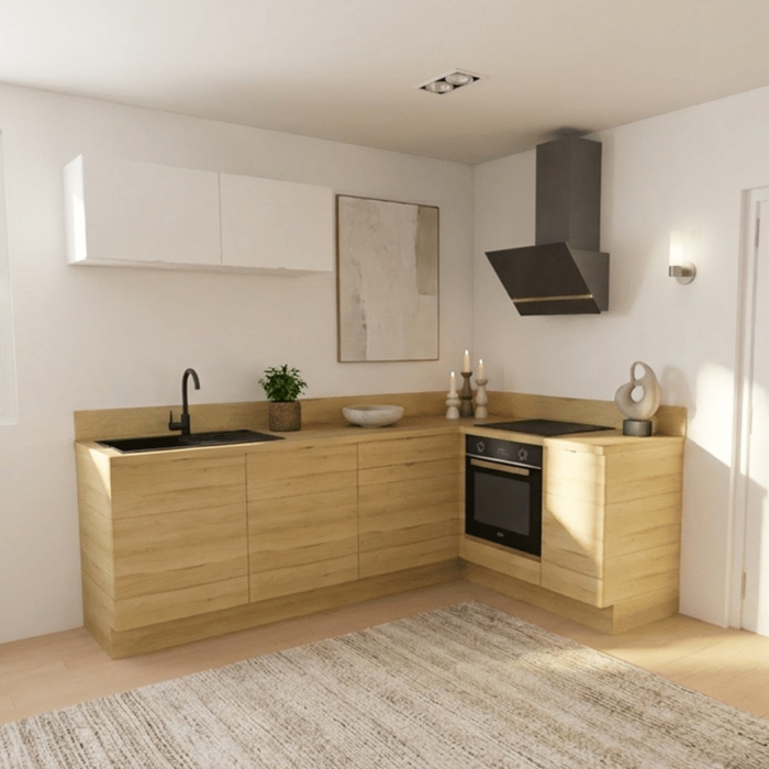 Cuisine complète en angle petits meubles hauts Bois et Blanc mat 280 cm  - Avec Plan de travail et Crédence
