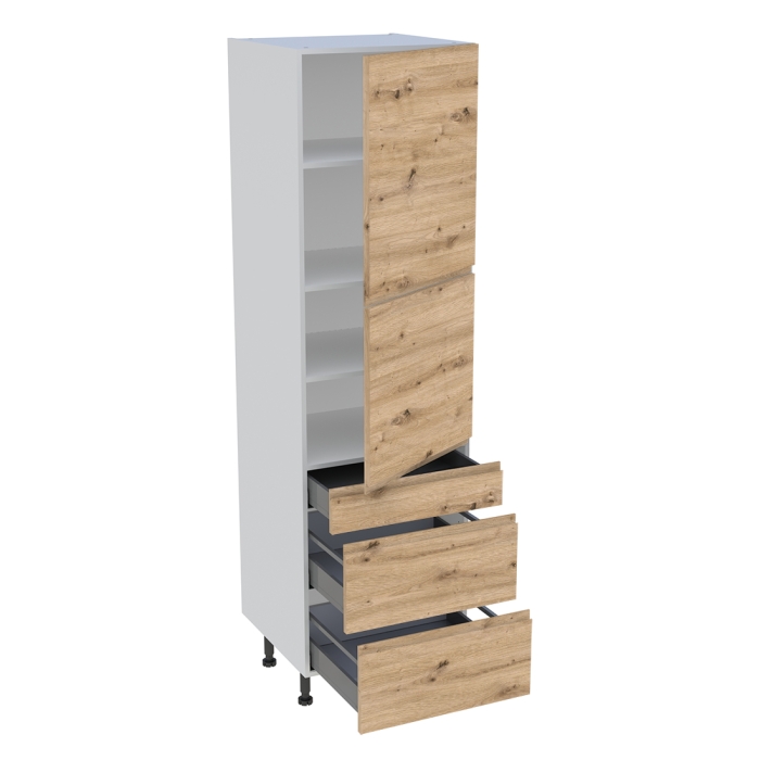 Colonne cuisine 2 portes, 1 tiroir, 2 casseroliers H. 216,6 cm x L. 60 cm - Chêne naturel sans poignée