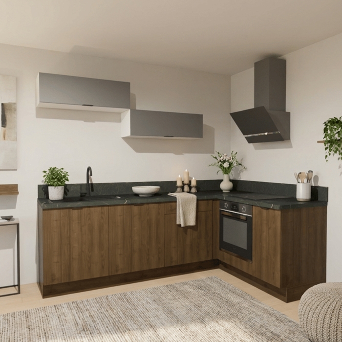 Cuisine complète en angle meubles hauts relevants Noyer et Gris mat 280 cm  - Avec Plan de travail et Crédence