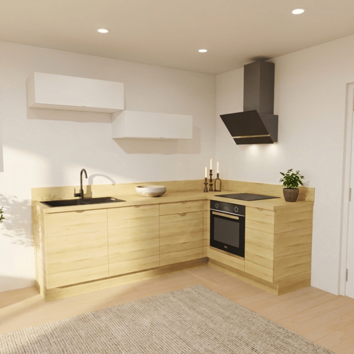 Cuisine complète en angle meubles hauts relevants Bois et Blanc mat 280 cm  - Avec Plan de travail