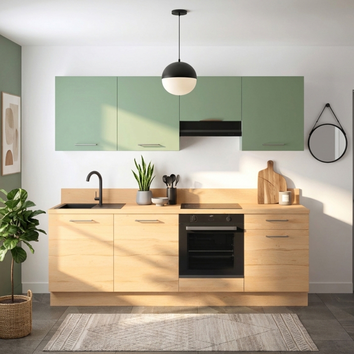 Cuisine complète Bois et Vert mat 240 cm avec meuble hotte - Avec Plan de travail et Crédence