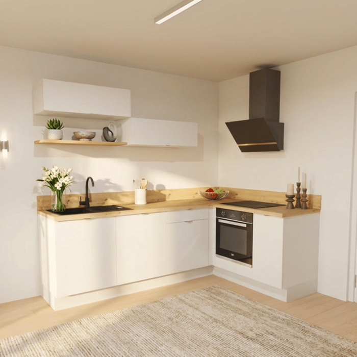 Cuisine complète en angle meubles hauts relevants Blanc mat 280 cm - Avec Plan de travail