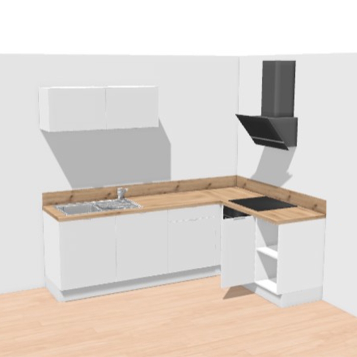 Cuisine complète en angle petits meubles hauts Bois et Vert mat 280 cm