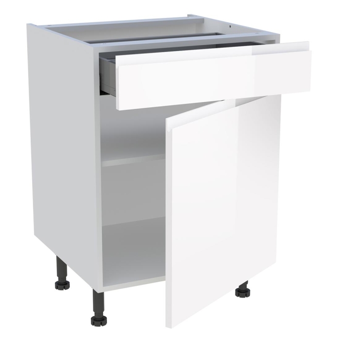 Meuble bas cuisine 1 porte, 1 tiroir H. 87 cm x L. 60 cm - Blanc brillant sans poignée