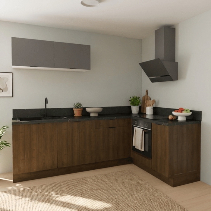 Cuisine complète en angle petits meubles hauts Noyer et Gris mat 280 cm  - Avec Plan de travail et Crédence
