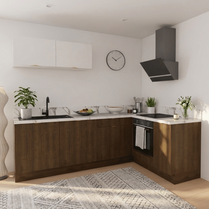 Cuisine complète en angle petits meubles hauts Noyer et Blanc mat 280 cm 