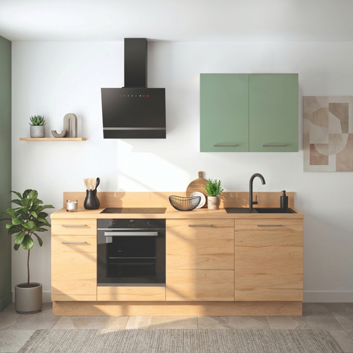 Cuisine complète Bois et Vert mat 220 cm - Avec Plan de travail