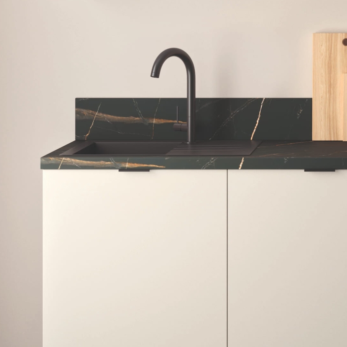 Cuisine complète Lin et Terracotta mat 220 cm avec meuble
  hotte - Avec Plan de travail et Crédence