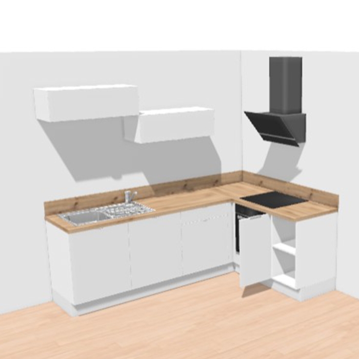 Cuisine complète en angle meubles hauts relevants Lin mat 280 cm - Avec Plan de travail