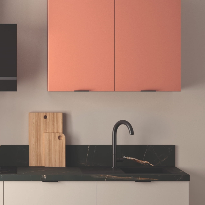 Cuisine complète Lin et Terracotta mat 240 cm avec meuble
  colonne - Avec Plan de travail