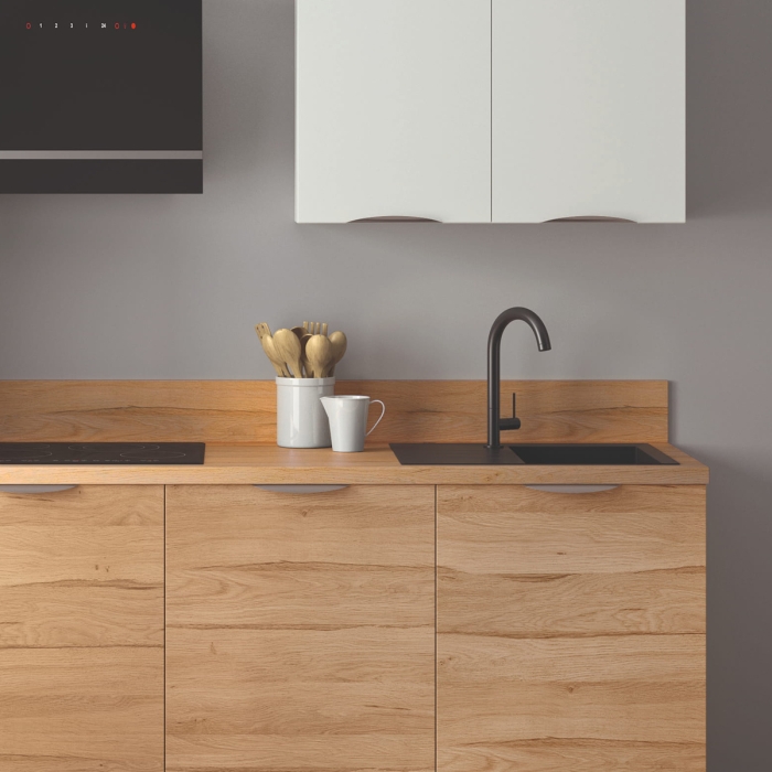 Cuisine complète Bois et Blanc mat 240 cm avec meuble colonne - Avec Plan de travail